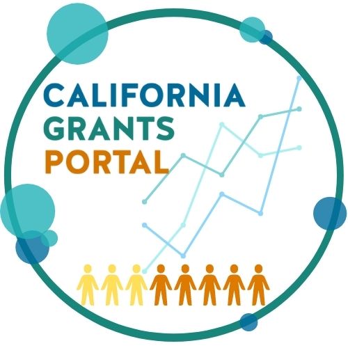 The California Grants Portal logo in a circle with a background of abstract line graphs and icons of people. 