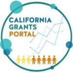 The California Grants Portal logo in a circle with a background of abstract line graphs and icons of people.